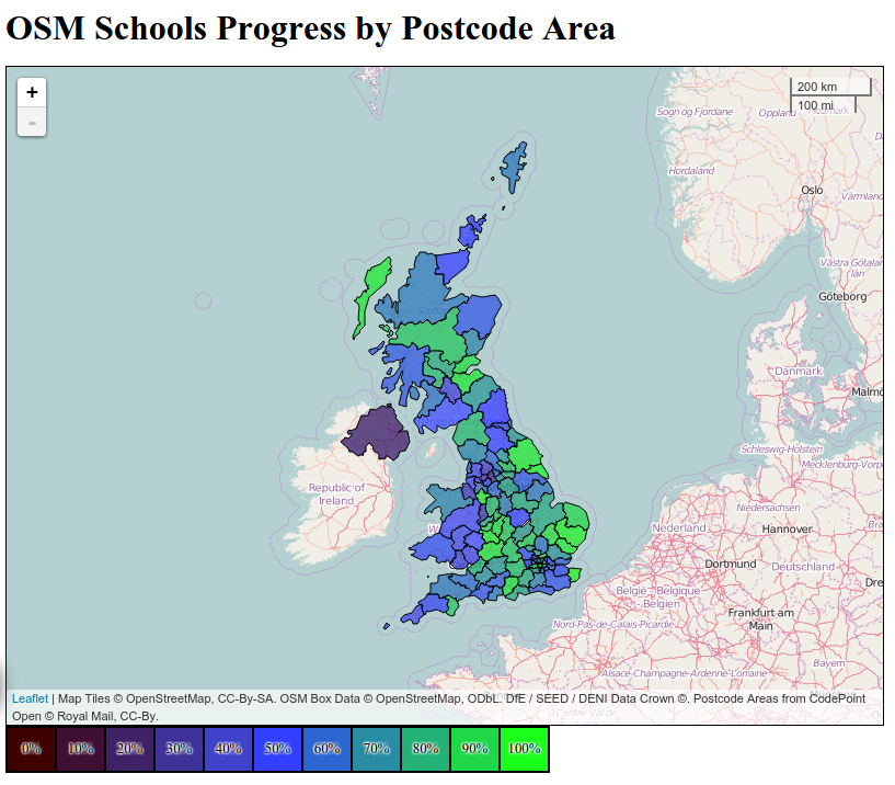 Britský OSM projekt mapování škol zobrazený dle PSČ od Roberta Whittakera